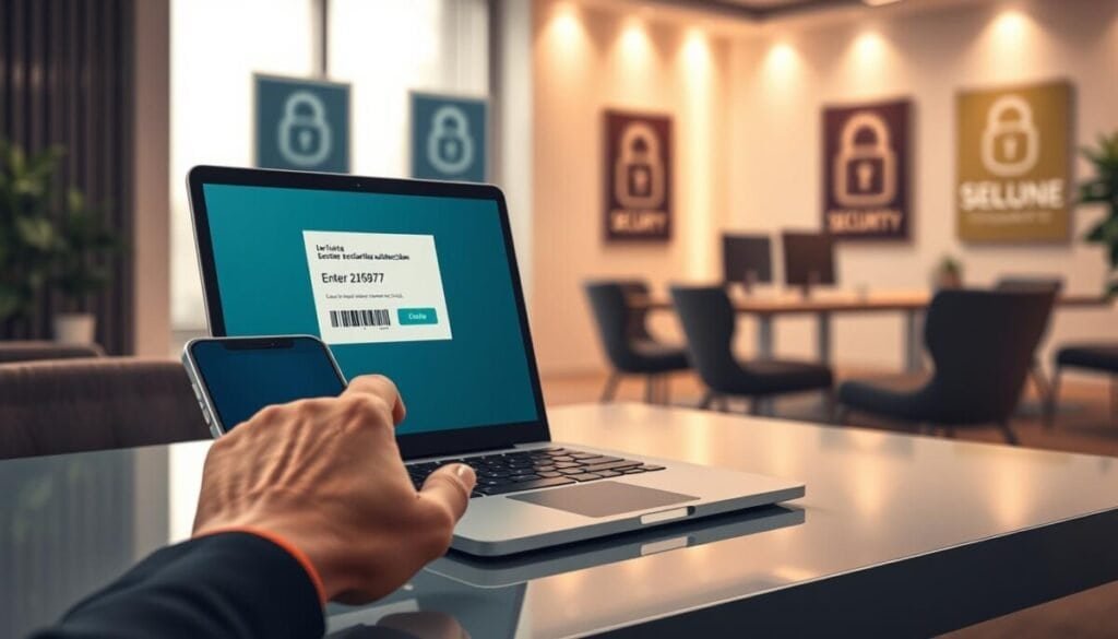 A detailed illustration of two-factor authentication in a professional setting, featuring a laptop on a sleek desk with a smartphone displaying a verification code next to it. In the foreground, a hand reaches towards the laptop's keyboard, prepared to enter the code, portraying engagement and focus. The middle ground includes an elegant, modern office with security-themed posters subtly visible in the background, emphasizing the importance of account security. Soft, warm lighting creates an inviting atmosphere, while a shallow depth of field blurs the edges, directing attention to the authentication process. The scene conveys a sense of diligence and responsibility in maintaining online security, ideal for a tech-savvy audience.