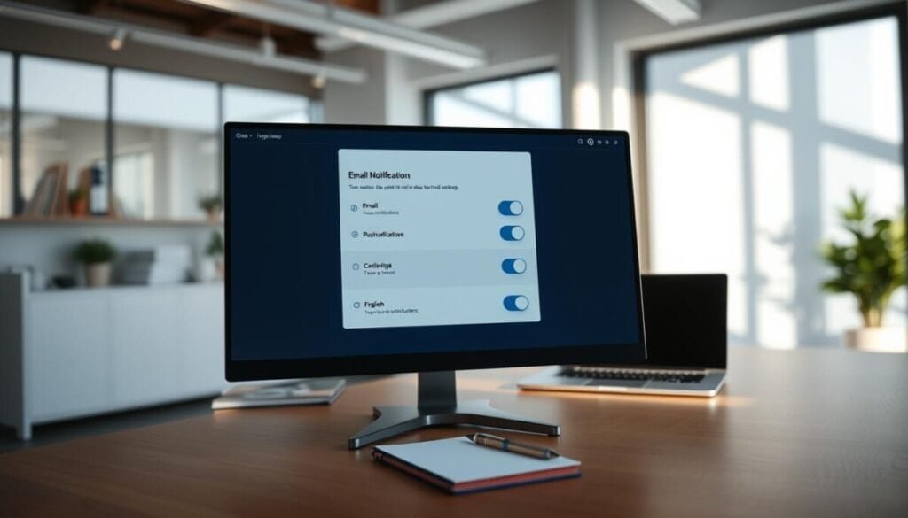 A detailed visual representation of a digital interface showcasing email notification settings for an application like Figma. The foreground features a computer screen displaying a sleek UI with toggle switches for email and push notifications. The middle layer includes a modern workspace with a neatly arranged desk, a laptop, and a stylish notepad and pen. In the background, a soft-focus office environment with a large window letting in natural light, casting gentle shadows. The scene conveys a sense of focus and productivity, utilizing soft, ambient lighting to create a calm and organized atmosphere. The angle should be slightly overhead to showcase both the interface and the workspace, highlighting the theme of managing notification settings effectively. A detailed visual representation of a digital interface showcasing email notification settings for an application like Figma. The foreground features a computer screen displaying a sleek UI with toggle switches for email and push notifications. The middle layer includes a modern workspace with a neatly arranged desk, a laptop, and a stylish notepad and pen. In the background, a soft-focus office environment with a large window letting in natural light, casting gentle shadows. The scene conveys a sense of focus and productivity, utilizing soft, ambient lighting to create a calm and organized atmosphere. The angle should be slightly overhead to showcase both the interface and the workspace, highlighting the theme of managing notification settings effectively.