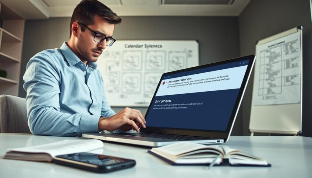 A detailed visualization of a professional workspace focused on troubleshooting calendar sync issues. In the foreground, a business professional in smart casual attire is intently reviewing a laptop screen displaying sync error messages, with an expression of concentration. The middle ground features a modern office desk with a smartphone, an open notebook filled with notes, and a calendar planner, symbolizing organization. In the background, a whiteboard with flowcharts and diagrams outlines potential sync problems, illuminated by soft, natural lighting coming from a nearby window. The atmosphere is focused and productive, evoking an air of problem-solving and technical complexity. The angle is slightly overhead, providing a comprehensive view of the workspace.