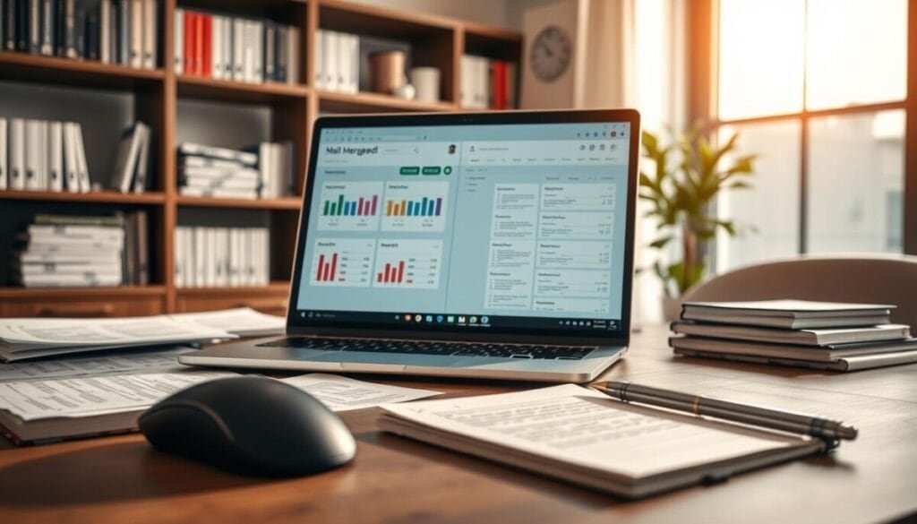 A detailed workspace featuring a modern mail merge tool interface displayed on a sleek laptop screen, with colorful graphs and email templates open. In the foreground, a computer mouse and some printed documents with personalized letters scattered around. In the middle ground, a stylish desk adorned with a notepad and a stylish pen, conveying a sense of productivity. The background should include a well-organized bookshelf with business books, and a large window letting in soft natural light, casting a warm glow. The atmosphere should feel professional and focused, ideal for advanced automation and email scheduling tasks. Capture this scene from a slight angle to create depth and visual interest, using bright lighting to enhance the mood. A detailed workspace featuring a modern mail merge tool interface displayed on a sleek laptop screen, with colorful graphs and email templates open. In the foreground, a computer mouse and some printed documents with personalized letters scattered around. In the middle ground, a stylish desk adorned with a notepad and a stylish pen, conveying a sense of productivity. The background should include a well-organized bookshelf with business books, and a large window letting in soft natural light, casting a warm glow. The atmosphere should feel professional and focused, ideal for advanced automation and email scheduling tasks. Capture this scene from a slight angle to create depth and visual interest, using bright lighting to enhance the mood.
