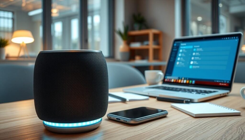 A detailed workspace scene focusing on a high-tech Bluetooth speaker and a laptop. In the foreground, prominently feature an elegantly designed Bluetooth speaker with soft LED lights illuminating its surface. Place the laptop slightly to the side, its screen displaying a settings menu with Bluetooth options visible. In the middle ground, include a neatly organized desk with a notepad, a smartphone, and a coffee cup, suggesting an active troubleshooting session. The background should show a modern, bright office space with windows allowing natural light to pour in, creating a warm and inviting atmosphere. Use a slightly elevated camera angle to give depth, and ensure the lighting is bright but soft to enhance focus on the devices, emphasizing a professional, tech-savvy environment. A detailed workspace scene focusing on a high-tech Bluetooth speaker and a laptop. In the foreground, prominently feature an elegantly designed Bluetooth speaker with soft LED lights illuminating its surface. Place the laptop slightly to the side, its screen displaying a settings menu with Bluetooth options visible. In the middle ground, include a neatly organized desk with a notepad, a smartphone, and a coffee cup, suggesting an active troubleshooting session. The background should show a modern, bright office space with windows allowing natural light to pour in, creating a warm and inviting atmosphere. Use a slightly elevated camera angle to give depth, and ensure the lighting is bright but soft to enhance focus on the devices, emphasizing a professional, tech-savvy environment.