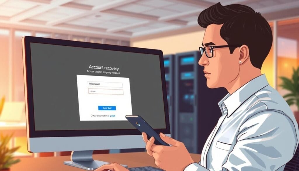 A digital illustration depicting the account recovery process for a locked Google account. In the foreground, show a computer screen with a clear, user-friendly interface displaying a password reset form. The middle ground features a focused professional in business attire, looking thoughtfully at the screen while holding a smartphone with the Google logo. The background illustrates a cozy, modern office environment with soft ambient lighting, blending warm hues to create a calm atmosphere. Subtle hints of technology, like server racks or digital connections, can be implied in the distant background. The composition should convey a sense of troubleshooting and resolution, capturing the essence of overcoming login obstacles.
