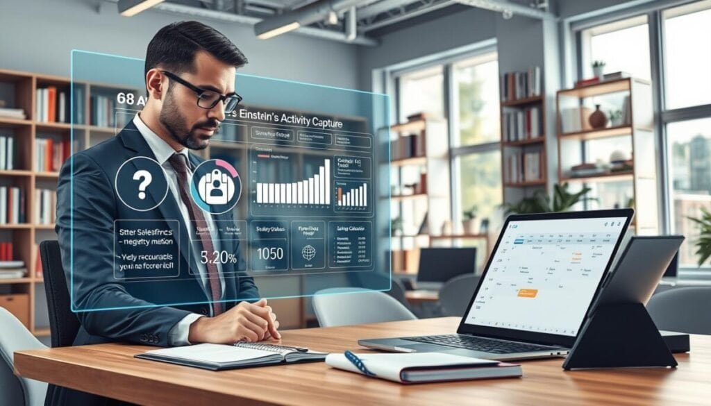 A digital illustration of a modern office environment focused on data accuracy and calendar synchronization. In the foreground, a professional businessperson, dressed in smart attire, is intently analyzing a holographic display showing Einstein’s activity capture metrics, with various icons and graphs representing busy status and appointments. The middle layer features a sleek desk with a laptop showing an integrated Salesforce calendar next to a planner, symbolizing organization and efficiency. In the background, bright natural light fills the room, illuminating shelves filled with books and tech gadgets, creating a vibrant and energetic atmosphere. The camera angle is slightly elevated, giving a dynamic perspective while maintaining clarity on the central subjects. The overall mood is focused and productive, embodying innovation and precision in data management.
