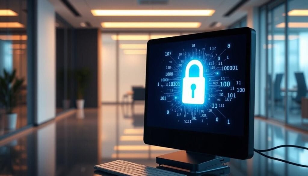 A digital illustration of a "single-use link" concept, featuring a futuristic, glowing computer screen in the foreground displaying a secure link interface. The screen shows a dynamic visual of a digital padlock that symbolizes security, surrounded by floating binary code to emphasize technology. In the middle ground, soft reflections of a modern office environment are blurred, hinting at the notion of a professional workspace. The background features a sleek, minimalist office with soft, ambient lighting highlighting the screen’s glow, creating a secure and high-tech atmosphere. The mood should feel innovative and trustworthy, ideal for conveying enhanced security in a digital age. No human figures or text elements are depicted. A digital illustration of a "single-use link" concept, featuring a futuristic, glowing computer screen in the foreground displaying a secure link interface. The screen shows a dynamic visual of a digital padlock that symbolizes security, surrounded by floating binary code to emphasize technology. In the middle ground, soft reflections of a modern office environment are blurred, hinting at the notion of a professional workspace. The background features a sleek, minimalist office with soft, ambient lighting highlighting the screen’s glow, creating a secure and high-tech atmosphere. The mood should feel innovative and trustworthy, ideal for conveying enhanced security in a digital age. No human figures or text elements are depicted.