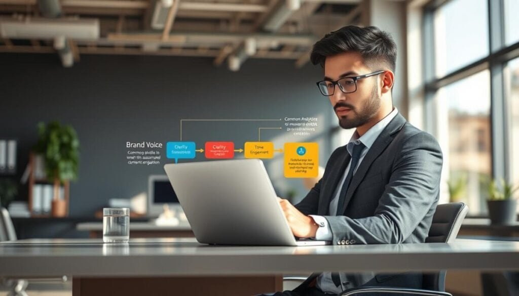 A digital illustration representing the concept of "brand voice." The foreground features a well-dressed professional seated at a sleek desk, analyzing social media analytics on a laptop; their expression is focused and contemplative. In the middle ground, a vibrant flowchart visually depicts common pitfalls in automated content creation, with icons representing clarity, tone, and audience engagement. The background is a modern office space, softly lit with natural light streaming through large windows, casting gentle shadows. The overall atmosphere is one of professionalism and innovation, highlighting the importance of authenticity in automated communications. The image is created with a shallow depth of field to emphasize the subject while softly blurring the clutter of the office, evoking a sense of clarity and purpose. A digital illustration representing the concept of "brand voice." The foreground features a well-dressed professional seated at a sleek desk, analyzing social media analytics on a laptop; their expression is focused and contemplative. In the middle ground, a vibrant flowchart visually depicts common pitfalls in automated content creation, with icons representing clarity, tone, and audience engagement. The background is a modern office space, softly lit with natural light streaming through large windows, casting gentle shadows. The overall atmosphere is one of professionalism and innovation, highlighting the importance of authenticity in automated communications. The image is created with a shallow depth of field to emphasize the subject while softly blurring the clutter of the office, evoking a sense of clarity and purpose.