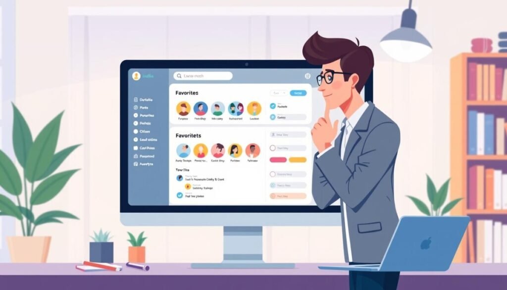 A digital illustration showcasing a visually appealing interface for managing social media favorites and feed preferences. In the foreground, a sleek computer screen displays a user-friendly dashboard with colorful icons representing friends' posts, along with a section for favorites, featuring checkboxes and options. In the middle ground, a thoughtful individual, dressed in smart casual attire, interacts with the screen, appearing engaged and focused. The background features a cozy home office setting with soft lighting, plants for a touch of warmth, and bookshelves filled with various books, enhancing the atmosphere of productivity and control. The overall mood is informative and encouraging, conveying the importance of personalizing your social media experience. The image should be vibrant but not overwhelming, emphasizing clarity and usability.