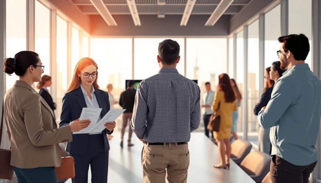 A digital illustration showing a diverse group of registrants for a Zoom meeting, standing in a well-lit, modern conference room. In the foreground, a woman in professional business attire is reviewing a list of names on a tablet, while a man beside her in smart casual clothing is discussing attendee options. In the middle, a large screen displays the Zoom interface with participant thumbnails. In the background, a window reveals a sunny cityscape, adding an uplifting atmosphere. The lighting is bright and inviting, creating a sense of productivity and engagement. The angle should be slightly tilted to add dynamism to the scene. The overall mood is focused and collaborative, emphasizing effective management of meeting registrants and attendees. A digital illustration showing a diverse group of registrants for a Zoom meeting, standing in a well-lit, modern conference room. In the foreground, a woman in professional business attire is reviewing a list of names on a tablet, while a man beside her in smart casual clothing is discussing attendee options. In the middle, a large screen displays the Zoom interface with participant thumbnails. In the background, a window reveals a sunny cityscape, adding an uplifting atmosphere. The lighting is bright and inviting, creating a sense of productivity and engagement. The angle should be slightly tilted to add dynamism to the scene. The overall mood is focused and collaborative, emphasizing effective management of meeting registrants and attendees.