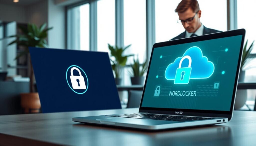 A digital representation of NordLocker end-to-end encryption, showcasing a secure file transfer in a modern office environment. In the foreground, a sleek laptop displays the NordLocker interface, featuring a locked icon symbolizing high-level security. A professional individual, dressed in smart business attire, is focused on the screen, symbolizing trust and sophistication in data protection. The middle ground includes a stylish desk with potted plants and a cloud hologram illustrating data flow. In the background, large windows allow natural light to illuminate the space, creating a bright and productive atmosphere. The color palette is composed of cool blues and greens, conveying a sense of safety and reliability, and the overall mood is professional and secure, evoking confidence in using NordLocker for end-to-end encryption.