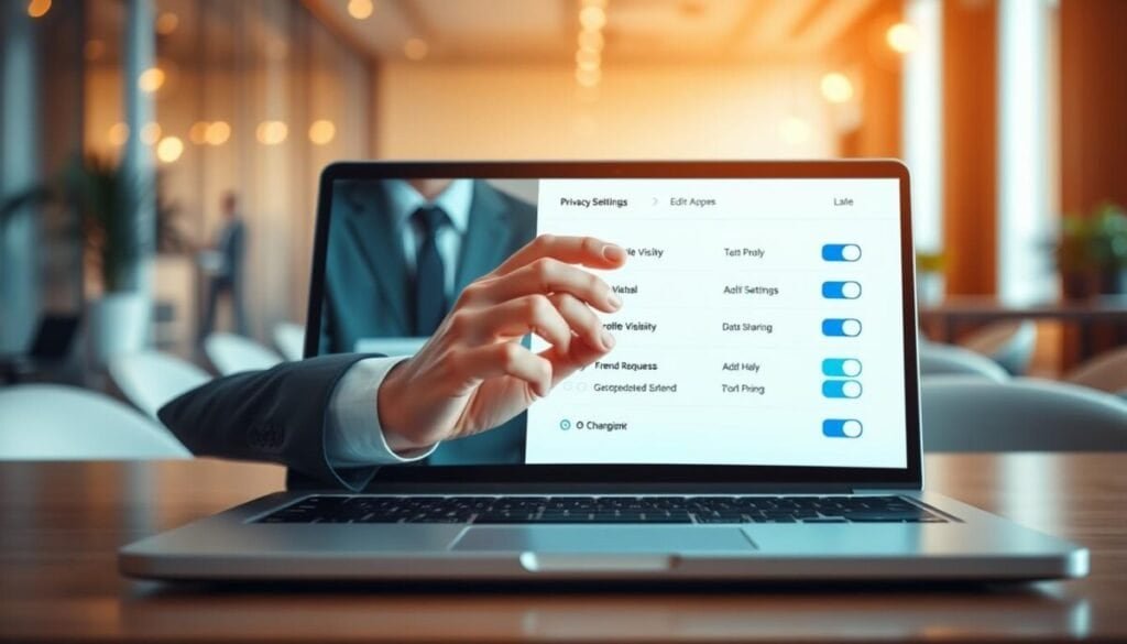 A digital scene representing privacy settings in a modern, user-friendly interface. In the foreground, a sleek and polished laptop displays an open window of privacy settings, showcasing toggle switches and checkboxes for options like "Profile Visibility," "Friend Requests," and "Data Sharing." The middle layer features a hand in a professional business attire, gently hovering over the toggle switches, symbolizing user control. The background consists of a softly blurred office environment with warm, ambient lighting, providing a calm and focused atmosphere. The overall color scheme includes shades of blue and white to evoke trust and security, reflecting the importance of managing privacy online. No people are facing the camera, maintaining a sense of engagement and privacy.