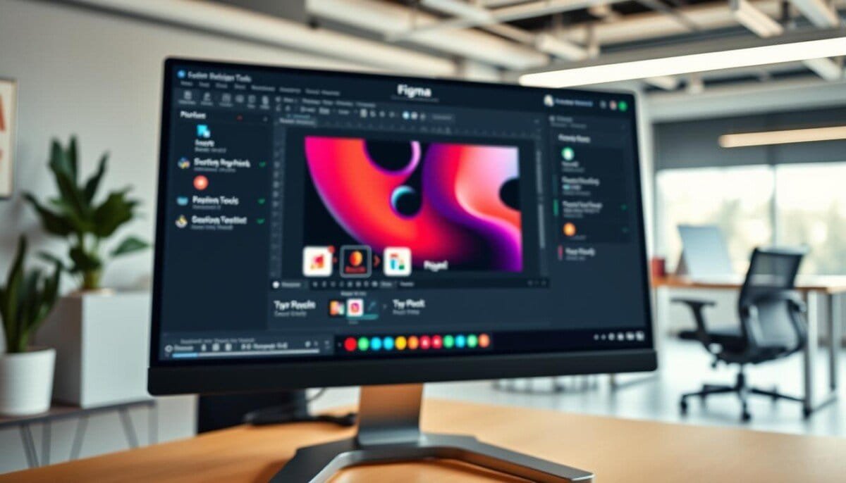 A digital workspace on a modern computer screen showcasing the Figma interface. In the foreground, a focused cursor moves over a design element, symbolizing control and attention. The middle layer includes vibrant vector graphics and design tools native to Figma, with subtle shadows and highlights that emphasize a professional setting. In the background, a soft-focus view of a well-lit office environment with a sleek desk and ergonomic chair enhances the atmosphere of productivity. The lighting is bright yet warm, creating an inviting mood. The composition is captured from a slightly elevated angle, giving a comprehensive view of the screen and workspace. There are no text overlays or annotations in the image, ensuring clarity and professionalism throughout.