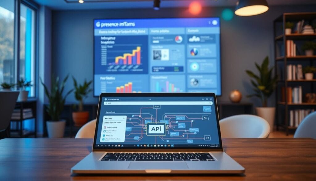 A digital workspace representation of "presence API endpoints" in a modern, tech-savvy office setting. In the foreground, there is a sleek laptop displaying a visually engaging diagram of interface endpoints with vibrant colors and data flow lines. The middle section features a large wall screen showcasing graphs and technical illustrations of API integrations for Microsoft Teams, bathed in cool blue lighting. The background includes stylish office decor, such as bookshelves filled with tech literature and potted plants, creating an inviting yet professional atmosphere. A subtle lens flare adds depth to the image, while a shallow depth of field focuses on the laptop and screen. The overall mood conveys innovation and efficiency in automating team statuses.