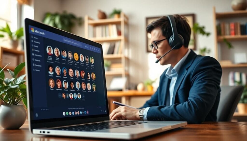 A digital workspace scene depicting a lively virtual meeting chat on Microsoft Teams. In the foreground, show a close-up of a laptop screen displaying a vibrant chat interface filled with emoji reactions and multiple user icons, indicating active participation in recurring meeting conversations. In the middle ground, include a focused professional wearing business attire, using a headset and taking notes, exuding concentration and engagement. The background should have a soft blur of a home office setting with bookshelves and plants, creating a warm and inviting atmosphere. Use bright, natural lighting to enhance clarity and warmth, suggesting productivity and collaboration. The angle should be slightly above eye level, providing an inviting view into this digital meeting world.