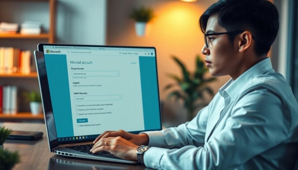 A digital workspace scene depicting a person in professional business attire sitting at a desk, looking thoughtfully at a laptop screen displaying the Microsoft account recovery interface. The foreground features the person’s attentive expression, with hands poised over the keyboard. In the middle ground, the laptop screen shows a detailed view of the recovery process, focusing on input fields and recovery options. The background is softly blurred, showcasing a modern office environment with shelves of books and plants, emitting a warm, natural light. The overall mood is one of focus and determination, capturing the essence of resolving access issues on Microsoft and Office platforms. The image is sharp, taken from a slightly elevated angle to emphasize both the individual and the laptop screen. A digital workspace scene depicting a person in professional business attire sitting at a desk, looking thoughtfully at a laptop screen displaying the Microsoft account recovery interface. The foreground features the person’s attentive expression, with hands poised over the keyboard. In the middle ground, the laptop screen shows a detailed view of the recovery process, focusing on input fields and recovery options. The background is softly blurred, showcasing a modern office environment with shelves of books and plants, emitting a warm, natural light. The overall mood is one of focus and determination, capturing the essence of resolving access issues on Microsoft and Office platforms. The image is sharp, taken from a slightly elevated angle to emphasize both the individual and the laptop screen.