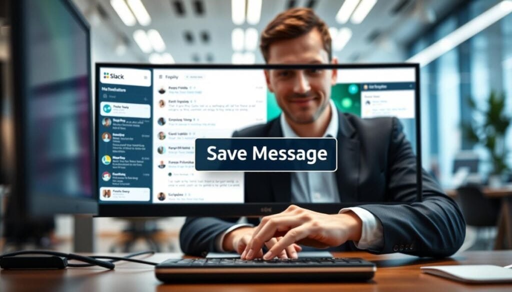 A digital workspace scene featuring a computer screen displaying a Slack interface with a prominently highlighted "Save Message" button. In the foreground, a professional-looking person in business attire is focused on the screen, their hands poised over the keyboard, ready to save messages. The middle ground showcases various Slack channels and messages, creating a vibrant digital environment. The background features a modern office with soft, ambient lighting to convey a productive atmosphere. A soft depth of field effect blurs the background slightly, drawing attention to the foreground action. The overall mood is organized and efficient, symbolizing effective message management within a collaborative workspace.