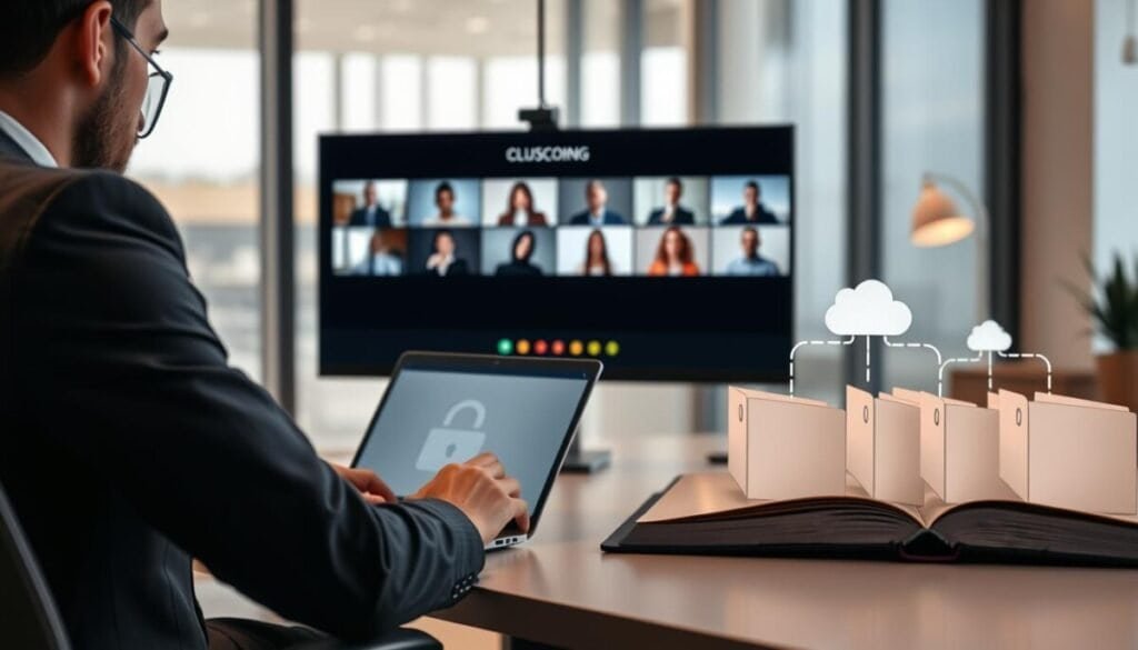 A digital workspace scene illustrating cloud recording for meetings, focusing on a computer screen displaying a virtual meeting interface with multiple participants' video tiles. In the foreground, a professional individual in business attire is seated at a neat desk, thoughtfully reviewing meeting files on a laptop. In the middle, an open file organizer shows icons representing various folders and cloud storage. The background features a subtle modern office environment with a large window, allowing natural light to create a bright and inviting atmosphere. The lighting is soft and warm, enhancing productivity and security, while the composition captures a sense of efficiency and organization. The overall mood is focused and professional, suggesting a seamless transition between virtual meeting recordings and secure file management.
