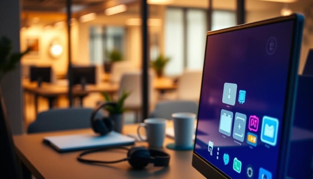 A digital workspace scene showcasing a modern computer screen with various notification icons and alerts prominently displayed. In the foreground, there are bright, colorful notification badges glowing on the screen, symbolizing messages and updates. The middle layer features a sleek desk setup, complete with noise-canceling headphones, a coffee mug, and a potted plant to add a touch of nature. The background features a softly blurred office environment that conveys a professional atmosphere, enhanced by warm, ambient lighting for a focused mood. The image is captured from a slightly elevated angle to provide depth, emphasizing the importance of customizing notifications for better productivity and focus in a work setting.