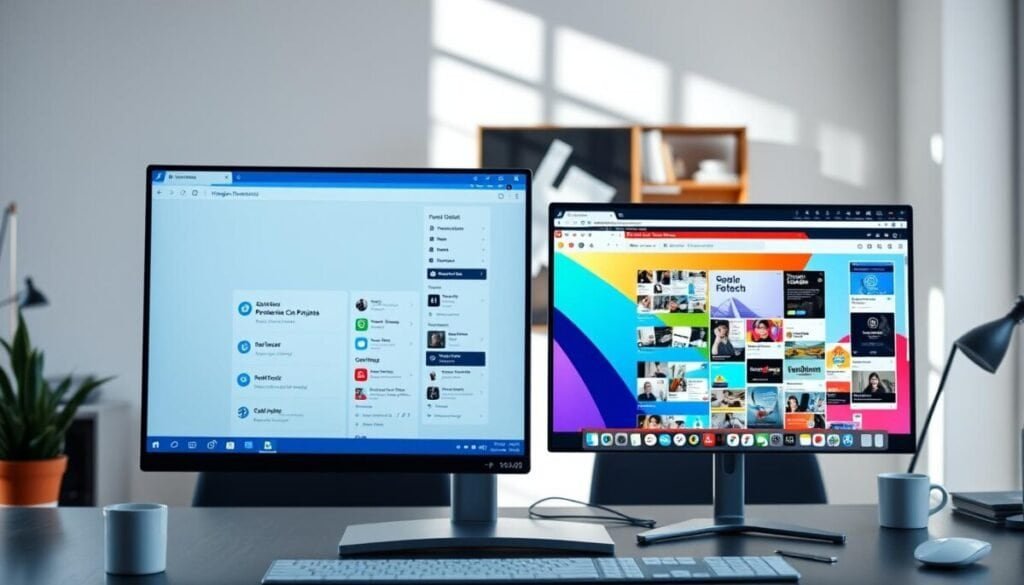 A digital workspace scene showcasing two distinct browser windows side-by-side on a sleek computer monitor. On the left, a professional browser profile is open, displaying a neat interface with work-related tabs such as emails and project management tools, in a cool blue color scheme. On the right, a personal browser profile features a vibrant layout filled with social media and entertainment tabs in warm colors. The background depicts a modern office environment with subtle details like a potted plant, a coffee cup, and an organized desk. Soft natural light filters through a window, casting gentle shadows and enhancing the atmosphere of productivity and balance. The image captures a sense of separation yet harmony between work and personal life.