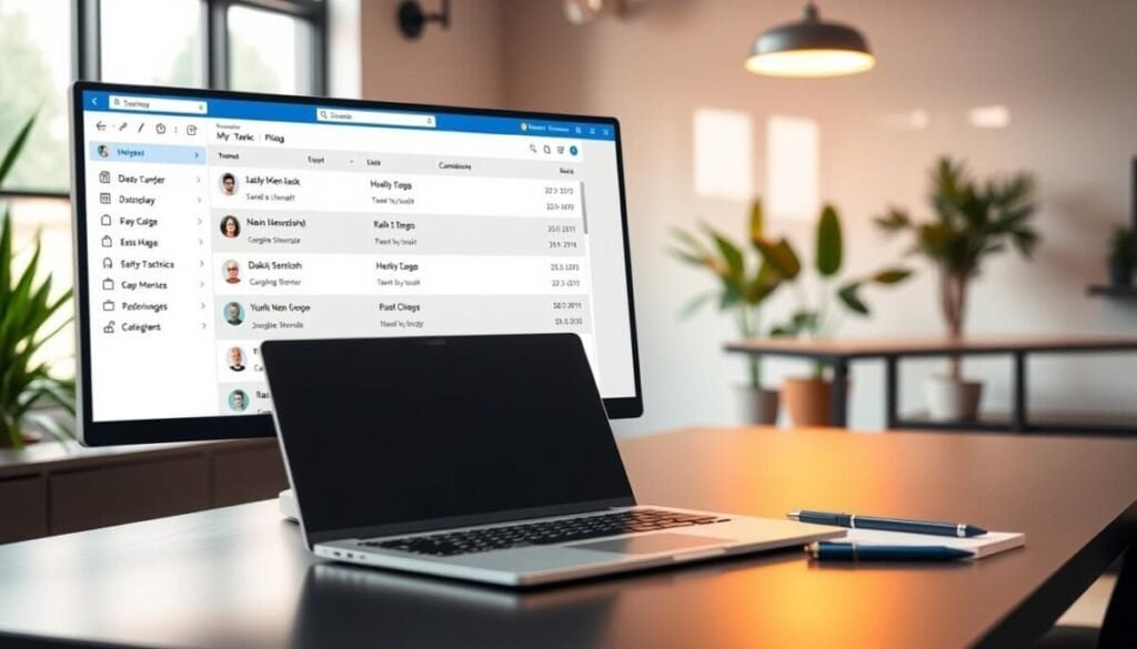 A digital workspace showcasing the "My Tasks" view in Microsoft Planner, prominently displayed on a modern computer screen. In the foreground, a well-organized task list with individual tasks, deadlines, and checkboxes, all in a clean, professional interface. In the middle, an open laptop on a sleek desk, with a notepad and a pen beside it, suggesting productivity and planning. The background features a softly blurred modern office environment with plants and a window letting in natural light, creating an inspiring atmosphere. The overall tone is vibrant yet focused, conveying a sense of clarity and organization essential for effective project management. The lighting is warm and inviting, highlighting the details of the task display, while maintaining a professional aesthetic.