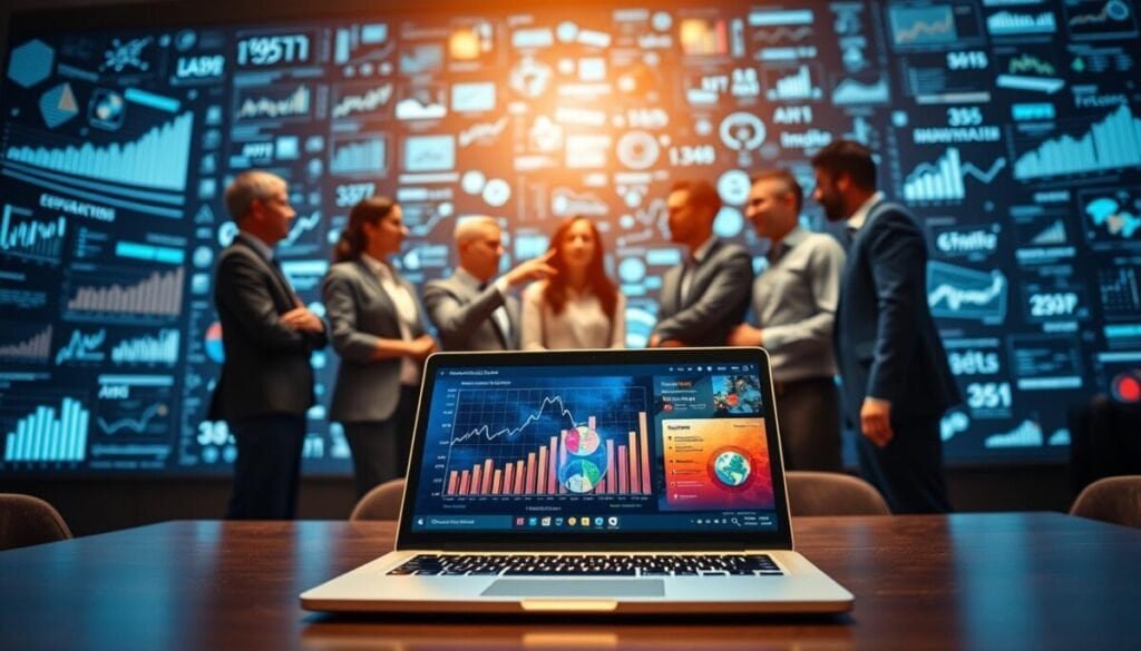 A digital workspace showcasing the concept of migrating historical data. In the foreground, include a modern laptop with an open screen displaying a colorful visual representation of data graphs and diagrams, symbolizing data migration. In the middle, portray a diverse group of professionals in business attire, collaborating and discussing ideas, with one pointing at the laptop screen. In the background, illustrate a large digital wall filled with historical data metrics and analytics visuals, subtly glowing with a blue hue to evoke a tech-savvy atmosphere. The lighting should be bright and focused on the laptop, creating a warm yet professional ambiance. The angle should capture the professionals in action, emphasizing teamwork and innovation in data management.