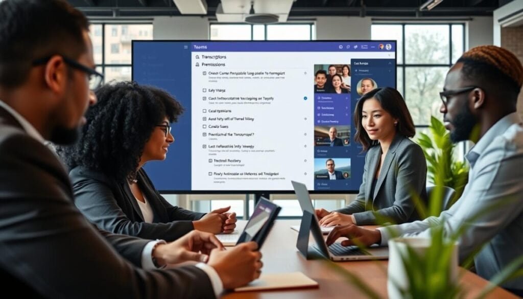 A diverse group of five professionals engaged in a virtual meeting via Microsoft Teams, depicted in an office setting that reflects a modern work environment. The foreground features two individuals, one man and one woman, actively taking notes and discussing on a laptop, both dressed in professional business attire. In the middle ground, a large screen displays the Teams interface with transcription settings and a flow of information, highlighting clear visuals of permissions and privacy options. The background shows an open office with subtle greenery and natural light streaming in from large windows, creating a warm and collaborative atmosphere. The composition is well-balanced, with a slight depth of field effect to emphasize the main subjects, evoking a sense of focus and productivity.
