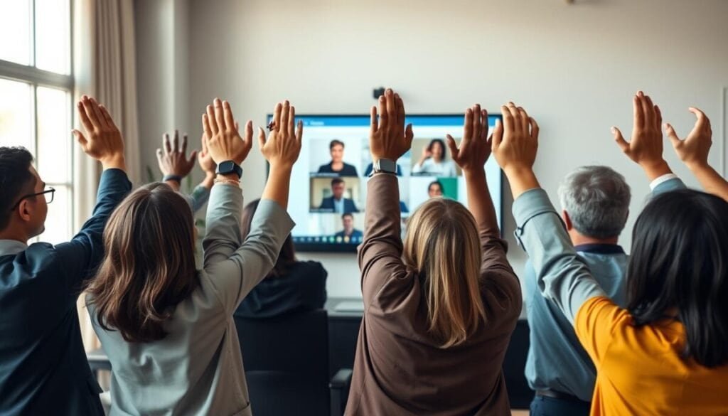A diverse group of people, including men and women of different ethnicities, raising their hands in a professional virtual meeting setting to indicate participation. The scene is set in a modern, well-lit office space with a large computer screen displaying a Google Meet interface in the background. Soft natural light filters in through a window, casting a warm and inviting ambiance. The individuals are dressed in professional business attire, such as blouses, shirts, and blazers, projecting a serious tone. The camera angle is slightly elevated, capturing the dynamic interaction as they engage as meeting hosts, emphasizing their enthusiasm and collaboration. The focus on their raised hands symbolizes active participation and engagement without any distractions. A diverse group of people, including men and women of different ethnicities, raising their hands in a professional virtual meeting setting to indicate participation. The scene is set in a modern, well-lit office space with a large computer screen displaying a Google Meet interface in the background. Soft natural light filters in through a window, casting a warm and inviting ambiance. The individuals are dressed in professional business attire, such as blouses, shirts, and blazers, projecting a serious tone. The camera angle is slightly elevated, capturing the dynamic interaction as they engage as meeting hosts, emphasizing their enthusiasm and collaboration. The focus on their raised hands symbolizes active participation and engagement without any distractions.