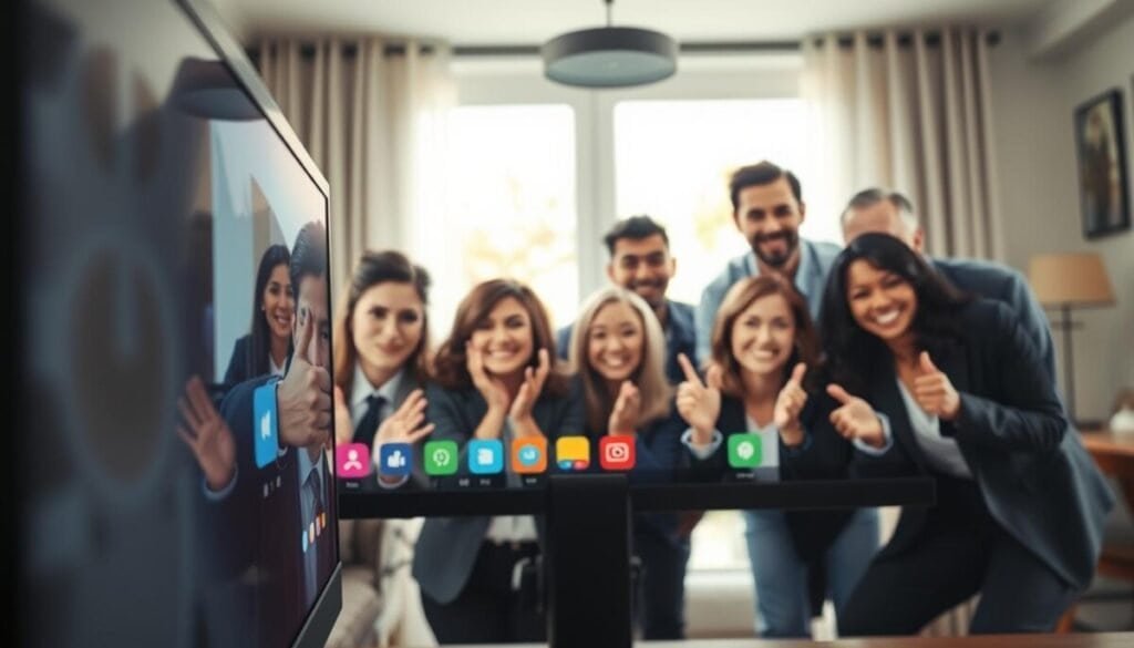 A dynamic Zoom meeting scene depicting a diverse group of participants engaged in a virtual conference. In the foreground, a close-up view of a computer screen displaying the Zoom interface, with vibrant nonverbal feedback icons like thumbs up, claps, and smiley faces highlighted in vibrant colors. In the middle ground, several engaged faces of participants, portrayed in professional business attire, leaning slightly forward, with expressions of attentiveness and enthusiasm. The background features a modern home office setup with soft, natural lighting coming through a window, creating an inviting and productive atmosphere. The camera angle is slightly tilted downward to emphasize the computer screen, focusing on the concepts of engagement and nonverbal communication in a professional setting. The overall mood is collaborative and positive, reflecting a productive online meeting environment. A dynamic Zoom meeting scene depicting a diverse group of participants engaged in a virtual conference. In the foreground, a close-up view of a computer screen displaying the Zoom interface, with vibrant nonverbal feedback icons like thumbs up, claps, and smiley faces highlighted in vibrant colors. In the middle ground, several engaged faces of participants, portrayed in professional business attire, leaning slightly forward, with expressions of attentiveness and enthusiasm. The background features a modern home office setup with soft, natural lighting coming through a window, creating an inviting and productive atmosphere. The camera angle is slightly tilted downward to emphasize the computer screen, focusing on the concepts of engagement and nonverbal communication in a professional setting. The overall mood is collaborative and positive, reflecting a productive online meeting environment.