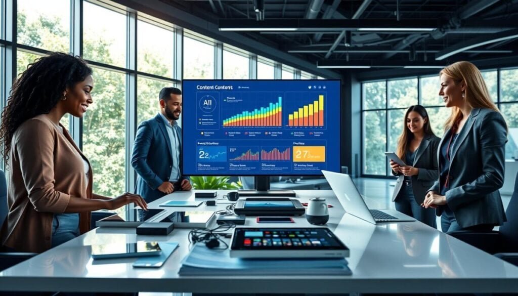 A dynamic digital workspace showcasing a modern office environment designed for social media management. In the foreground, a diverse group of three professionals, a Black woman in smart casual attire, a Hispanic man in business casual, and a Caucasian woman in professional business attire, gather around a sleek, high-tech table piled with digital devices. In the middle, a large, vibrant screen displays colorful graphs and AI-generated content suggestions, symbolizing automated brand voice tools. The background features bright, natural lighting streaming through large windows, and greenery outside, creating an open and inviting atmosphere. The overall mood is collaborative and innovative, reflecting a cutting-edge approach to managing brand voice in social media automation. A dynamic digital workspace showcasing a modern office environment designed for social media management. In the foreground, a diverse group of three professionals, a Black woman in smart casual attire, a Hispanic man in business casual, and a Caucasian woman in professional business attire, gather around a sleek, high-tech table piled with digital devices. In the middle, a large, vibrant screen displays colorful graphs and AI-generated content suggestions, symbolizing automated brand voice tools. The background features bright, natural lighting streaming through large windows, and greenery outside, creating an open and inviting atmosphere. The overall mood is collaborative and innovative, reflecting a cutting-edge approach to managing brand voice in social media automation.