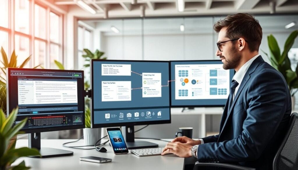 A dynamic office environment showcasing an integration of sales dialer technology with CRM and communication tools. In the foreground, a professional businessperson, dressed in smart attire, interacts with a sleek computer setup displaying multiple screens with visual representations of data flow and integration diagrams. The middle layer features modern communication devices, such as smartphones and headsets, connected to the sales dialer interface, highlighting a seamless workflow. The background shows a bright, minimalistic office filled with natural light, glass walls, and greenery to convey a productive atmosphere. The lighting is soft yet bright, emphasizing the professionalism of the scene while maintaining an inspiring and innovative ambiance.