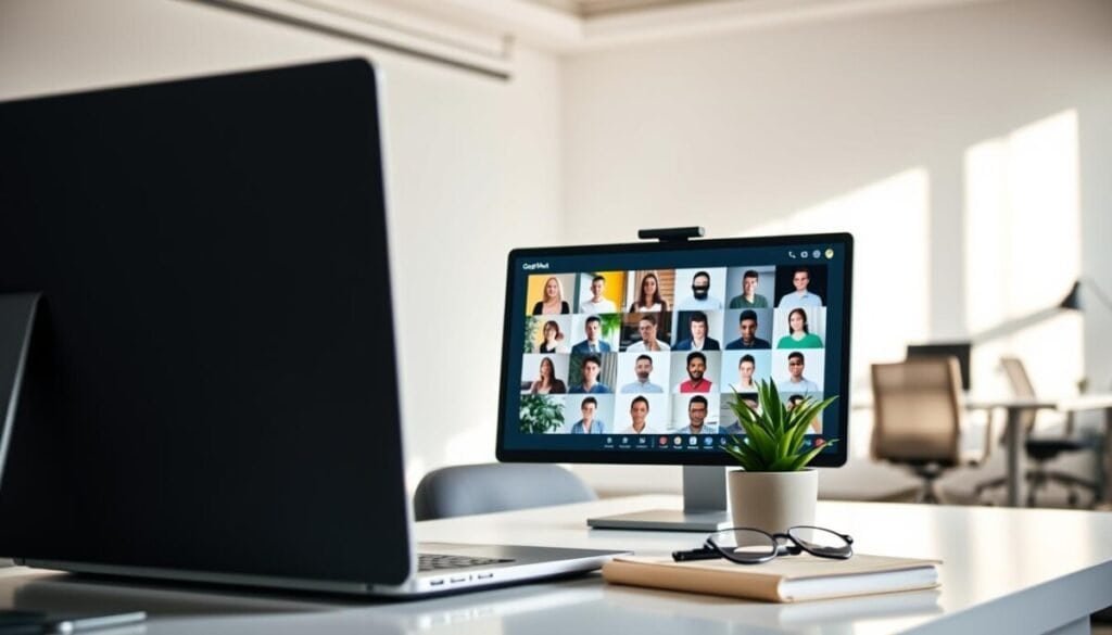 A focused computer screen displaying the Google Meet interface in grid view, with clear visuals of multiple participants shown in neatly organized squares. In the foreground, a laptop sits on a clean, modern workspace, featuring a potted plant and a stylish notebook beside it. Soft, diffused natural light streams in from a nearby window, enhancing the professional ambiance. The background reveals a simple, minimalistic office with light-colored walls and ergonomic furniture, suggesting a productive and inviting atmosphere. The scene captures a feeling of collaboration and professionalism, ideal for remote meetings. The overall composition should evoke a sense of clarity and efficiency, emphasizing the ease of installation and use of the grid view feature in Google Meet. A focused computer screen displaying the Google Meet interface in grid view, with clear visuals of multiple participants shown in neatly organized squares. In the foreground, a laptop sits on a clean, modern workspace, featuring a potted plant and a stylish notebook beside it. Soft, diffused natural light streams in from a nearby window, enhancing the professional ambiance. The background reveals a simple, minimalistic office with light-colored walls and ergonomic furniture, suggesting a productive and inviting atmosphere. The scene captures a feeling of collaboration and professionalism, ideal for remote meetings. The overall composition should evoke a sense of clarity and efficiency, emphasizing the ease of installation and use of the grid view feature in Google Meet.