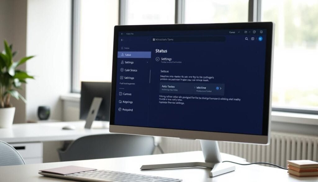 A focused office workspace showcasing a modern computer setup, illuminated by soft, natural light filtering through a window. In the foreground, the screen displays Microsoft Teams with a status settings menu open, featuring options for adjusting idle time limits. The middle ground includes a user in professional attire, thoughtfully adjusting settings on the device, conveying concentration and productivity. In the background, a sleek desk with minimalistic decor reflects a professional ambiance, while an indoor plant adds a touch of vitality. The overall mood is one of efficiency and clarity, emphasizing the importance of maintaining active team presence without distractions. A shallow depth of field highlights the subject with a slight blur on the background for added focus.