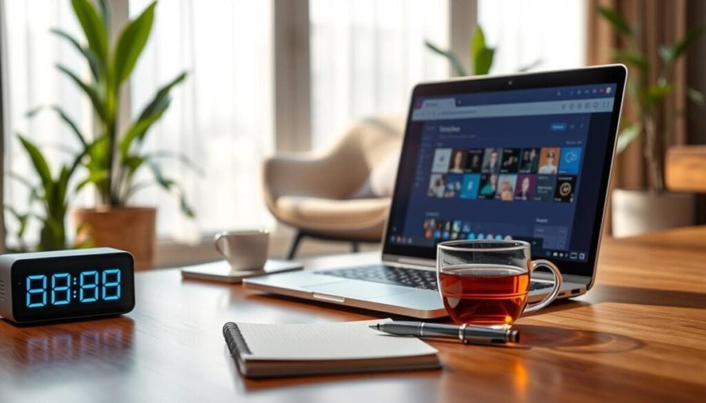 A focused, serene workspace featuring a sleek laptop displaying the Microsoft Teams interface on a polished wooden desk. In the foreground, a stylish digital clock shows a "Quiet Hours" notification illuminated in soft blue light. A notepad and a pen sit neatly beside the laptop, while a cup of steaming herbal tea adds a touch of comfort. In the middle background, a cozy modern chair invites concentration, positioned near a large window with soft, natural light streaming in, casting gentle shadows. The background reveals a calm indoor environment with green plants, enhancing the tranquility of the scene. The overall mood is peaceful and productive, symbolizing a focused professional atmosphere conducive to quiet time.