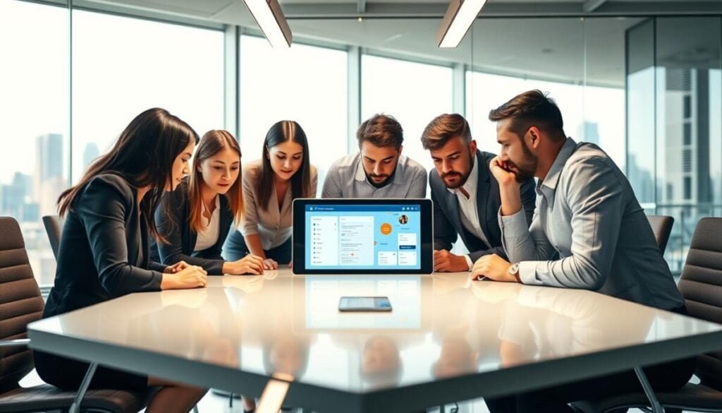 A focused team huddled together around a sleek, modern conference table, engaged in an intense discussion about achieving uninterrupted work with Slack. The foreground showcases five diverse professionals: two women in smart business attire and three men dressed in casual business wear, showcasing concentration and collaboration. Bright overhead lighting illuminates their expressions of determination and focus, enhancing the productive atmosphere. The middle ground features a digital screen displaying a Slack interface, subtly blurred to emphasize the team's interaction. In the background, large windows reveal a vibrant city skyline, symbolizing a dynamic work environment. The image captures a mood of collaboration and focus, illustrating the power of teamwork and communication for enhanced productivity. A focused team huddled together around a sleek, modern conference table, engaged in an intense discussion about achieving uninterrupted work with Slack. The foreground showcases five diverse professionals: two women in smart business attire and three men dressed in casual business wear, showcasing concentration and collaboration. Bright overhead lighting illuminates their expressions of determination and focus, enhancing the productive atmosphere. The middle ground features a digital screen displaying a Slack interface, subtly blurred to emphasize the team's interaction. In the background, large windows reveal a vibrant city skyline, symbolizing a dynamic work environment. The image captures a mood of collaboration and focus, illustrating the power of teamwork and communication for enhanced productivity.
