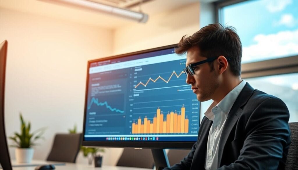 A focused view of a computer screen displaying Google Analytics 4 DebugView in a modern office environment. In the foreground, the screen clearly shows real-time data flow, with colorful visualizations of user interactions. The middle layer features a thoughtful individual, dressed in professional business attire, analyzing the stats intently. Soft, ambient lighting illuminates the scene from overhead, casting a warm glow that enhances the serious yet productive atmosphere. The background reveals a sleek, minimalist office with a potted plant and a window showing a bright sky, suggesting clarity and insight. The angle captures both the screen and the person in a way that emphasizes the importance of data verification.