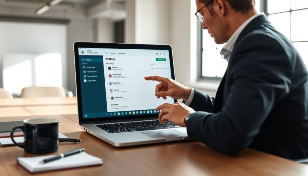 A focused workspace featuring a sleek laptop displaying the Slack interface with the status configuration panel open. In the foreground, a professional individual dressed in smart casual attire is thoughtfully interacting with the screen, using a touchscreen or mouse to select their status options. The middle ground includes stylish desk accessories, a notepad, and a coffee mug, emphasizing a productive atmosphere. The background shows a well-lit office environment with bright, natural light streaming through a large window, casting soft shadows. The overall mood is one of concentration and efficiency, highlighting the integration of focus apps with Slack's features, portrayed in a modern, clean aesthetic.