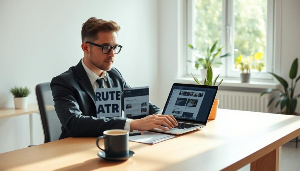 A focused workspace illustrating "managing digital distractions." In the foreground, a professional person in smart casual attire sits at a modern desk with multiple browser tabs open on a laptop, showcasing a chaotic digital environment. The middle layer includes minimalistic decor—potted plants and a coffee mug—highlighting a serene yet engaging workspace atmosphere. In the background, a light-filled room with a window displaying a view of greenery, promoting a sense of calm. Natural light casts soft shadows, creating an inviting ambiance. The focus is on the individual managing their digital tools, exemplifying concentration amidst potential distractions. The overall mood embodies a balance of productivity and tranquility, emphasizing the theme of effective session management.