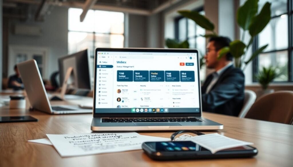 A focused workspace scene featuring a well-organized desktop with a sleek laptop open, displaying the Webex status management interface. In the foreground, a professional individual in business attire is seated, actively engaging with the screen. The middle ground includes a notepad filled with notes on productivity strategies and a smartphone with notifications. In the background, a softly blurred office environment exuding a clean, modern aesthetic with natural light streaming through large windows, casting gentle shadows. The mood is calm and productive, embodying efficiency and concentration, captured from a slightly elevated angle for depth. The overall color palette should be warm and inviting, with hints of greenery from a nearby plant, conveying a sense of tranquility conducive to focused work.