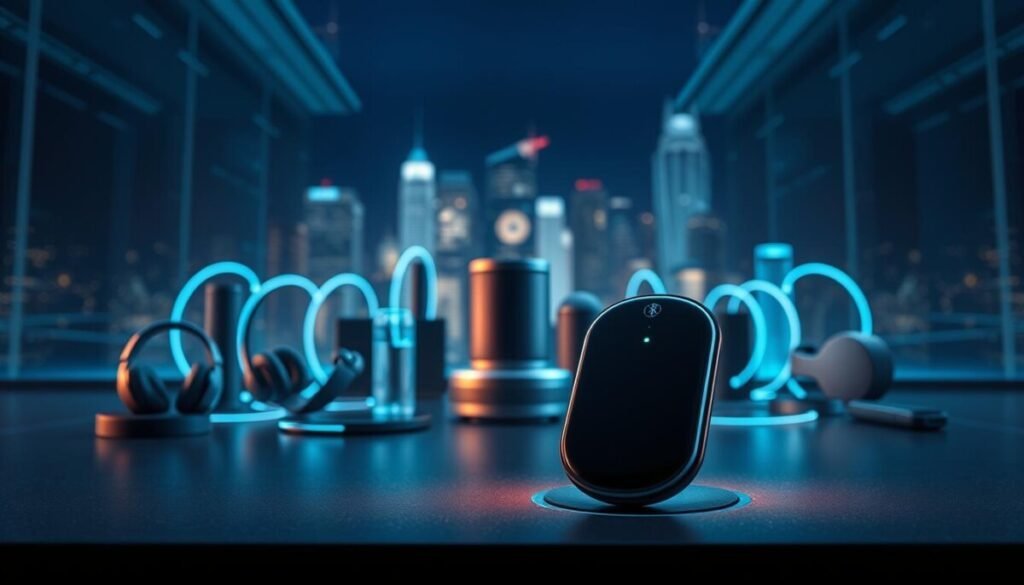 A futuristic Bluetooth-enabled device prominently displayed in the foreground, showcasing its sleek design and illuminating indicators. In the middle ground, a range of connected smart devices—like headphones, smart speakers, and fitness trackers—are artistically arranged to depict an advanced network of technology. The background features a stylized cityscape with subtle hints of digital signals, represented as light waves emanating from the devices, symbolizing extended Bluetooth range. Soft ambient lighting casts a modern and techy atmosphere, while the angle is slightly tilted upward, emphasizing the innovation and capability of long-range Bluetooth features. The overall mood is inspiring and cutting-edge, inviting viewers to explore the potential of improved connectivity.
