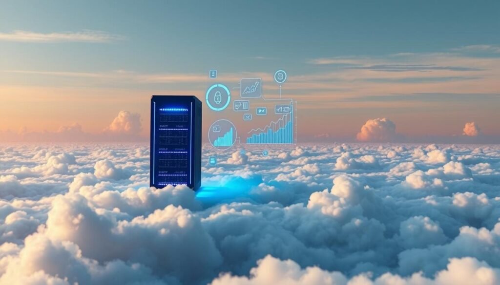 A futuristic digital landscape representing unlimited storage surrounded by vast clouds. In the foreground, a sleek, high-tech server with glowing blue lights stands out, symbolizing secure data storage. The middle features floating holographic data icons and graphs, illustrating large volumes of information being efficiently processed. In the background, a serene sky filled with fluffy, iridescent clouds stretches infinitely, evoking a sense of limitless potential. The scene is well-lit with soft, ambient lighting to create a tranquil yet advanced atmosphere. A wide-angle perspective captures the expansive view, highlighting the theme of massive data backups and seamless reliability. The overall mood is optimistic and inspiring, showcasing the future of digital storage solutions.
