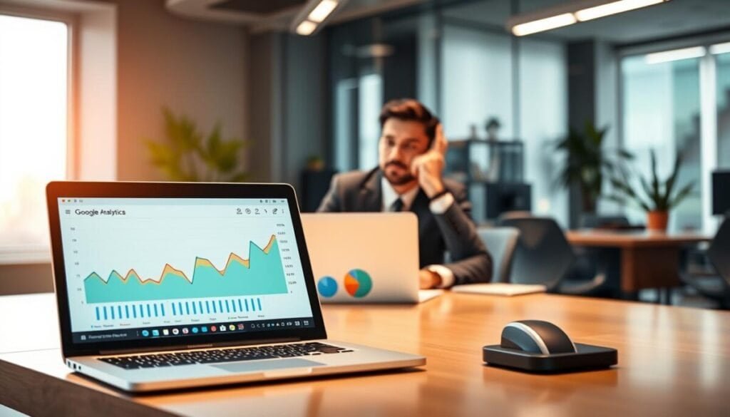 A futuristic office environment featuring a sleek desk equipped with a laptop displaying colorful Google Analytics graphs and charts. In the foreground, the screen shows visual representations of website traffic data, with a focus on line graphs and pie charts in vibrant colors like blue, green, and orange. The middle layer includes a professional individual in business attire, attentively analyzing the data, with a thoughtful expression. In the background, a large window lets in soft, natural light, casting a warm glow on the workspace, along with contemporary office decor that suggests innovation and productivity. The mood is focused and insightful, capturing the essence of leveraging data for business success. A futuristic office environment featuring a sleek desk equipped with a laptop displaying colorful Google Analytics graphs and charts. In the foreground, the screen shows visual representations of website traffic data, with a focus on line graphs and pie charts in vibrant colors like blue, green, and orange. The middle layer includes a professional individual in business attire, attentively analyzing the data, with a thoughtful expression. In the background, a large window lets in soft, natural light, casting a warm glow on the workspace, along with contemporary office decor that suggests innovation and productivity. The mood is focused and insightful, capturing the essence of leveraging data for business success.