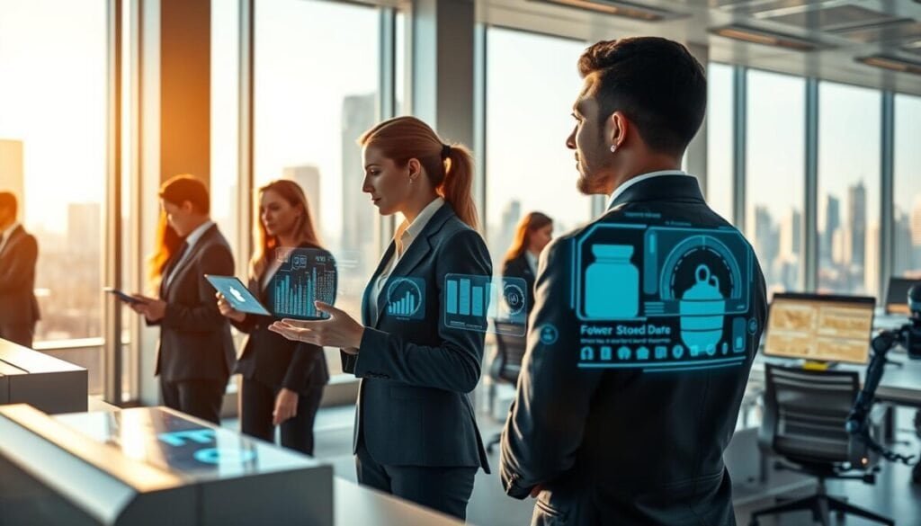 A futuristic office environment showcasing AI agents for proactive resource management. In the foreground, a diverse group of professionals in smart business attire actively engaging with holographic interfaces displaying real-time data analytics and task assignments. The middle ground features sleek, modern workstations with integrated AI technology, including screens and robotic assistants efficiently managing resources. The background features large windows overlooking a cityscape bathed in warm daylight, suggesting innovation and progress. The lighting is bright and dynamic, emphasizing the high-tech atmosphere. The composition should create a sense of collaboration and efficiency, with a slight depth of field to focus on the professionals while subtly capturing the AI technology at work.