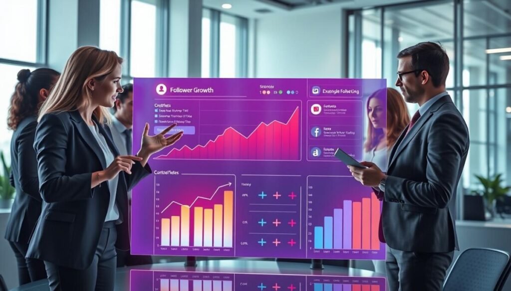 A futuristic office environment where a diverse group of professionals collaborate around a sleek, high-tech digital marketing dashboard displaying glowing follower graphs and social media analytics. In the foreground, a businesswoman in smart professional attire gestures towards the screen, illustrating follower growth statistics, while a businessman beside her takes notes on a tablet. The middle of the image features interactive charts with upward trends, showcasing vibrant icons representing social media platforms. In the background, large windows let in soft natural light, creating a bright and optimistic atmosphere. The setting conveys a sense of innovation and teamwork, emphasizing the effective use of follower growth services as a vital tool for success in digital marketing. Bright colors and dynamic lighting enhance the energetic mood of the scene.