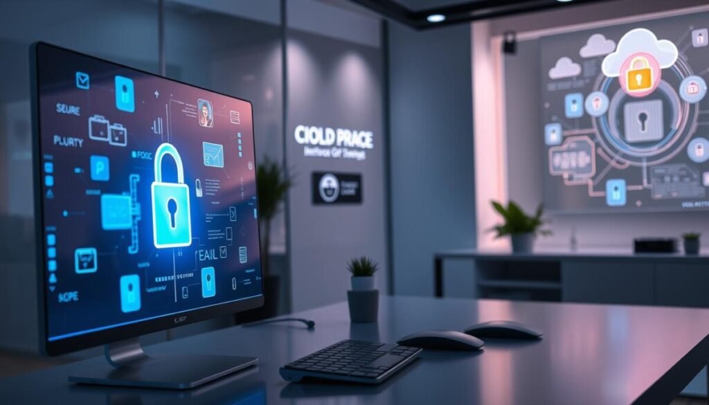 A futuristic office scene showcasing a digital workspace centered around privacy and encryption. In the foreground, a sleek, transparent computer screen displays abstract representations of locked files and encrypted data streams, glowing softly in various tech-inspired colors. The middle ground includes a modern desk with minimalistic design, a stylish keyboard, and a small potted plant, emphasizing a professional atmosphere. In the background, walls are adorned with digital art depicting secure cloud storage concepts and encryption symbols. Ambient lighting casts a serene glow, enhancing the atmosphere of security and innovation. The entire composition reflects a mood of calm confidence and high-tech professionalism, inviting viewers to contemplate the importance of privacy in cloud storage.