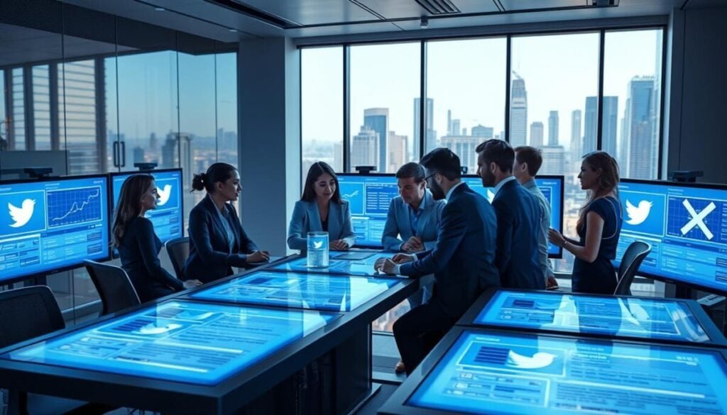 A futuristic office setting illustrating social media automation, with sleek monitors displaying data analytics and Twitter/X logos. In the foreground, a diverse group of professionals in business attire collaborates around a high-tech conference table, analyzing engagement metrics. The middle ground features translucent screens emanating a soft blue light showcasing scheduled posts and automated workflows, accentuating the technology's impact on strategy. The background captures a large window revealing a vibrant city skyline, symbolizing the fast-paced social media landscape. The lighting is bright and airy, casting gentle shadows, creating an optimistic atmosphere. The composition is dynamic, highlighting teamwork and modern technology, without any text, ensuring a clean, professional aesthetic. A futuristic office setting illustrating social media automation, with sleek monitors displaying data analytics and Twitter/X logos. In the foreground, a diverse group of professionals in business attire collaborates around a high-tech conference table, analyzing engagement metrics. The middle ground features translucent screens emanating a soft blue light showcasing scheduled posts and automated workflows, accentuating the technology's impact on strategy. The background captures a large window revealing a vibrant city skyline, symbolizing the fast-paced social media landscape. The lighting is bright and airy, casting gentle shadows, creating an optimistic atmosphere. The composition is dynamic, highlighting teamwork and modern technology, without any text, ensuring a clean, professional aesthetic.