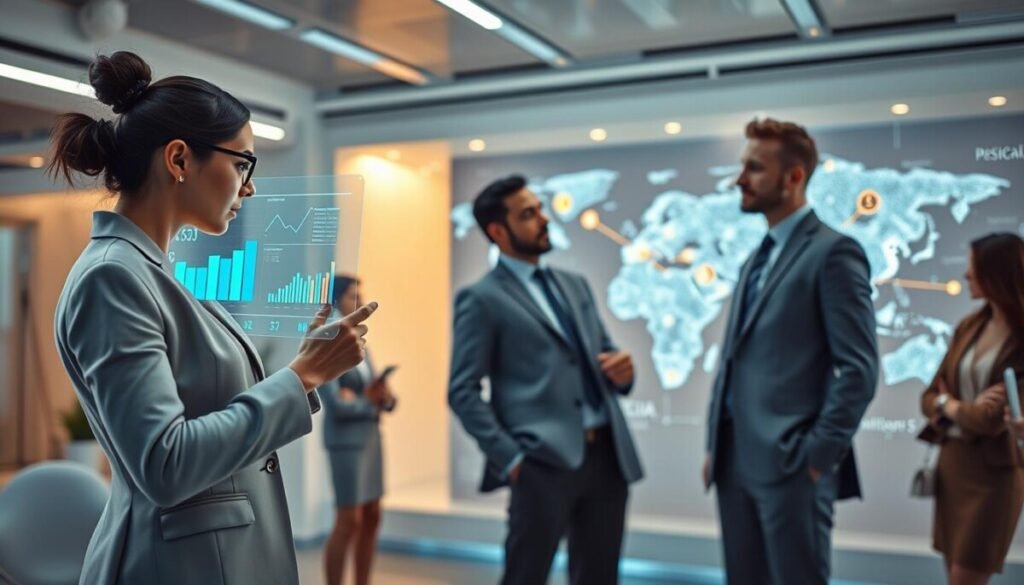 A futuristic office space featuring a diverse group of professionals engaged in social listening and sentiment analysis. In the foreground, a businesswoman in a sleek outfit analyzes social media data on a holographic screen, showcasing dynamic graphs and emotive icons. In the middle, a businessman in a tailored suit discusses insights with a colleague, surrounded by advanced technology. The background reveals a panoramic view of a digital world map displaying real-time social media conversations, with colorful sentiment indicators (positive, negative, neutral) illuminating the map. Soft, ambient lighting creates an innovative yet approachable atmosphere, while a wide-angle perspective emphasizes the collaborative energy of the scene, hinting at the importance of social media tools in fostering growth.