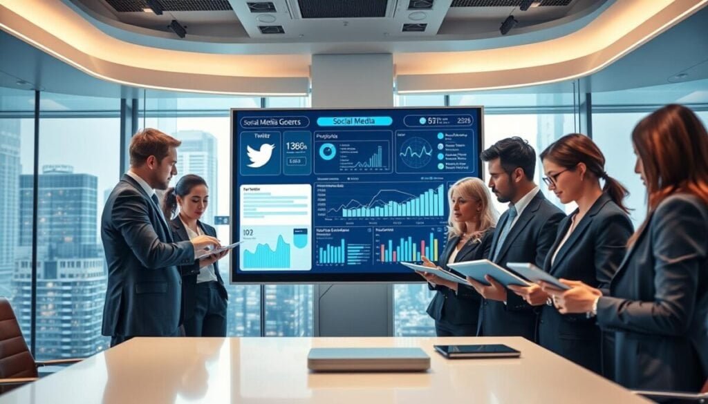 A futuristic office space showcasing "social media intelligence" in action. In the foreground, a diverse group of professionals in business attire, engaged in a collaborative discussion while analyzing data on high-tech tablets. The middle ground features a sleek digital display board showcasing dynamic graphs, social media metrics, and trending hashtags related to Twitter. The background includes large windows with a view of a bustling cityscape, symbolizing connectivity. The lighting is bright and modern, with subtle blue tones that convey a tech-savvy atmosphere. The mood is innovative and focused, reflecting the dynamic nature of social media analytics in 2026. A futuristic office space showcasing "social media intelligence" in action. In the foreground, a diverse group of professionals in business attire, engaged in a collaborative discussion while analyzing data on high-tech tablets. The middle ground features a sleek digital display board showcasing dynamic graphs, social media metrics, and trending hashtags related to Twitter. The background includes large windows with a view of a bustling cityscape, symbolizing connectivity. The lighting is bright and modern, with subtle blue tones that convey a tech-savvy atmosphere. The mood is innovative and focused, reflecting the dynamic nature of social media analytics in 2026.
