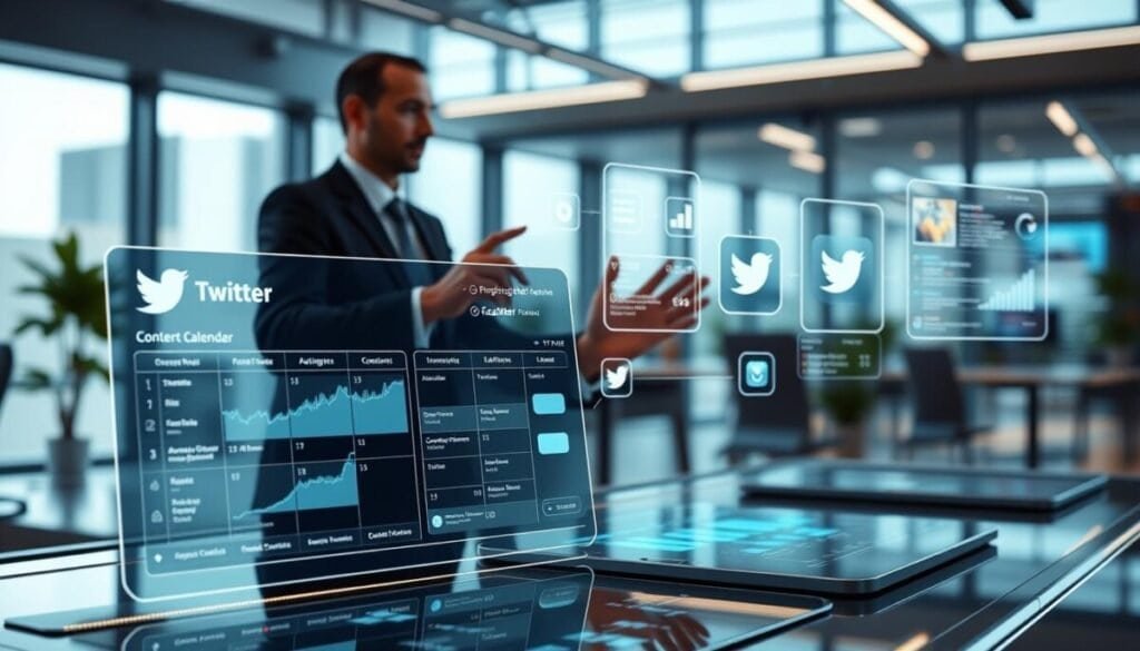 A futuristic workspace filled with advanced technology illustrating social media automation. In the foreground, a sleek digital dashboard showcases a Twitter content calendar, with graphical charts and automation tools glowing softly. In the middle ground, a professional individual in business attire interacts with holographic displays, their hands gesturing as they manipulate data. The background features a modern office with large windows, allowing natural light to stream in, enhancing the tech-savvy atmosphere. Soft ambient lighting creates a productive mood, while a slight blur effect on the background draws focus to the interaction in the foreground. The overall scene conveys a sense of innovation and efficiency in social media strategy.