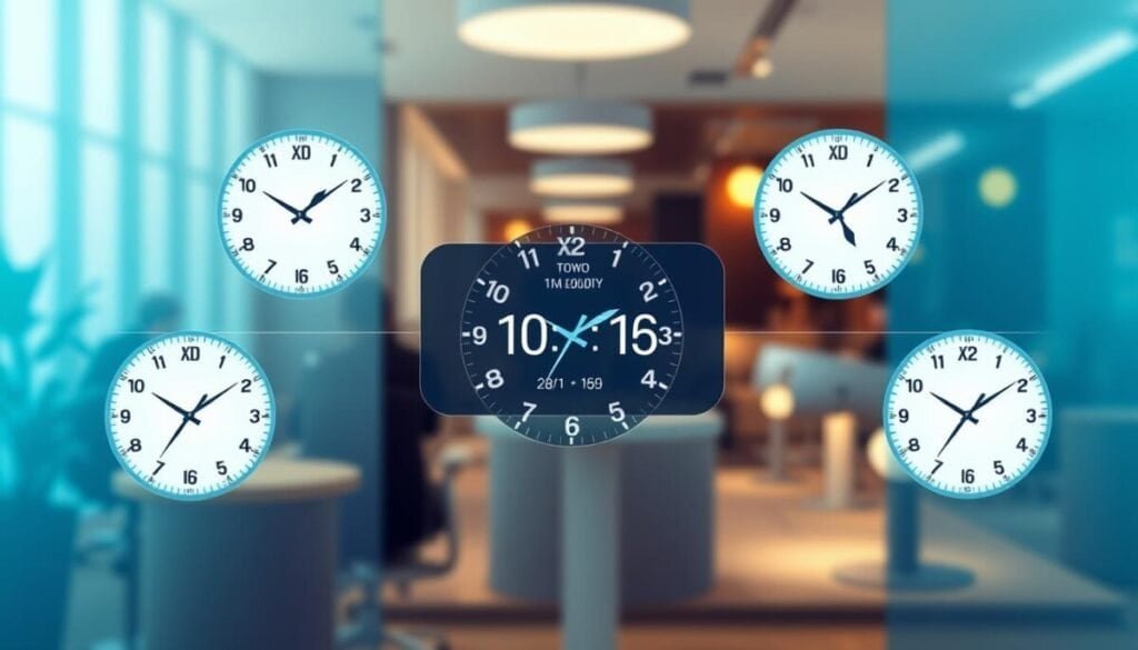 A high-resolution image of a world clock sidebar design, featuring multiple circular clock faces, each displaying the current time for different major global cities such as New York, London, Tokyo, and Sydney. The design should have a sleek, modern aesthetic with a gradient background blending soft blues and whites. In the foreground, highlight the intricate details of each clock, showcasing distinct hour and minute hands, with a subtle glow effect to enhance visibility. The middle layer includes a minimalist digital interface displaying time zone labels next to each clock. The background features a blurred office environment, suggesting a remote work setting, with warm lighting to create an inviting and professional atmosphere. The overall mood should convey efficiency and global connectivity for teams. A high-resolution image of a world clock sidebar design, featuring multiple circular clock faces, each displaying the current time for different major global cities such as New York, London, Tokyo, and Sydney. The design should have a sleek, modern aesthetic with a gradient background blending soft blues and whites. In the foreground, highlight the intricate details of each clock, showcasing distinct hour and minute hands, with a subtle glow effect to enhance visibility. The middle layer includes a minimalist digital interface displaying time zone labels next to each clock. The background features a blurred office environment, suggesting a remote work setting, with warm lighting to create an inviting and professional atmosphere. The overall mood should convey efficiency and global connectivity for teams.