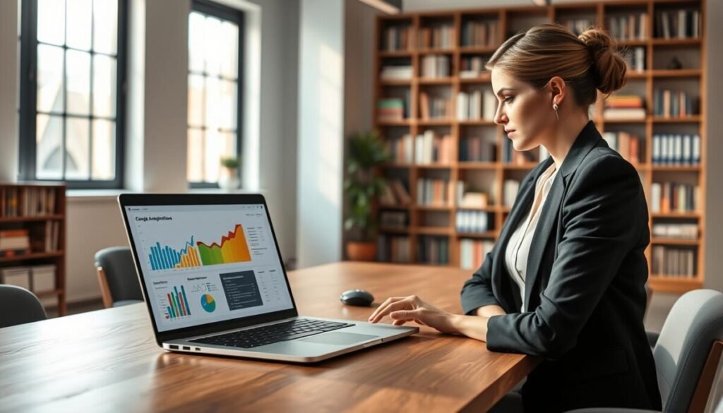 A high-tech workspace scene displaying a detailed Google Analytics 4 Explorations report on a sleek laptop placed on a modern wooden desk. In the foreground, a professional woman dressed in business attire studies the report, showcasing her focused expression. In the middle ground, charts and graphs from the GA4 report are visible on the screen, highlighting data trends and insights in vibrant colors like blue, green, and orange. The background features a softly lit office with large windows letting in natural light, and bookshelves filled with analytical resources. The atmosphere should convey a sense of innovation and analytical depth, with a clean, organized feel that inspires professionalism and advanced analysis. A high-tech workspace scene displaying a detailed Google Analytics 4 Explorations report on a sleek laptop placed on a modern wooden desk. In the foreground, a professional woman dressed in business attire studies the report, showcasing her focused expression. In the middle ground, charts and graphs from the GA4 report are visible on the screen, highlighting data trends and insights in vibrant colors like blue, green, and orange. The background features a softly lit office with large windows letting in natural light, and bookshelves filled with analytical resources. The atmosphere should convey a sense of innovation and analytical depth, with a clean, organized feel that inspires professionalism and advanced analysis.