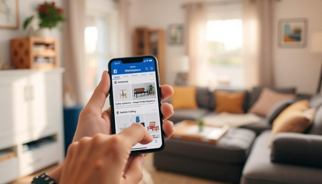A mobile device displaying the Facebook Marketplace interface, prominently showcasing items for sale like furniture, electronics, and clothing. In the foreground, a pair of hands holding the smartphone, fingers interacting with the screen. The middle section features a user-friendly, vibrant layout of the app with clear images of products. The background includes a cozy home setting with soft, natural light filtering through a window, evoking a sense of ease and accessibility. The scene captures the essence of the marketplace, emphasizing its functionality and user interaction. The atmosphere is inviting and engaging, encouraging viewers to explore the app on their own devices.