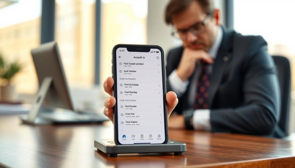 A mobile phone displaying a calendar app on a small desk, with a person in professional business attire sitting adjacent, looking frustrated as they try to schedule a post. The screen shows limited scheduling options, symbolizing the constraints of mobile app scheduling. In the background, a blurred office environment with a large window letting in soft morning light, creating a warm yet slightly tense atmosphere. The foreground emphasizes the phone and the user's expression of mild annoyance. The scene is well-lit, with natural light accentuating details, and captured from a slightly elevated angle to provide perspective on the screen's content while maintaining focus on the user's reaction.